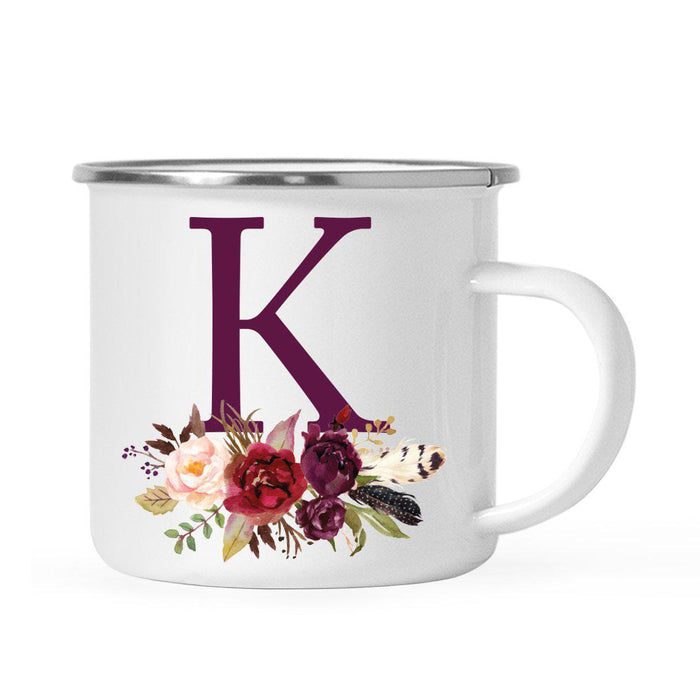 Andaz Press 11oz Bohemian Fall Autumn Burgundy Marsala Floral Flower and Feathers Arrangement Monogram Campfire Coffee Mug-Set of 1-Andaz Press-A-