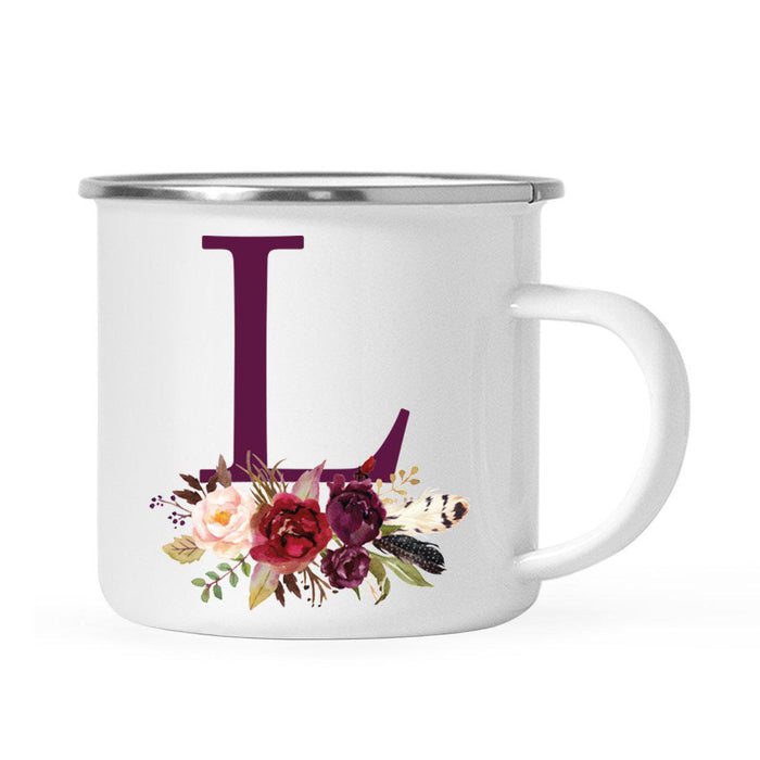 Andaz Press 11oz Bohemian Fall Autumn Burgundy Marsala Floral Flower and Feathers Arrangement Monogram Campfire Coffee Mug-Set of 1-Andaz Press-A-