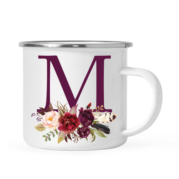 Andaz Press 11oz Bohemian Fall Autumn Burgundy Marsala Floral Flower and Feathers Arrangement Monogram Campfire Coffee Mug-Set of 1-Andaz Press-A-