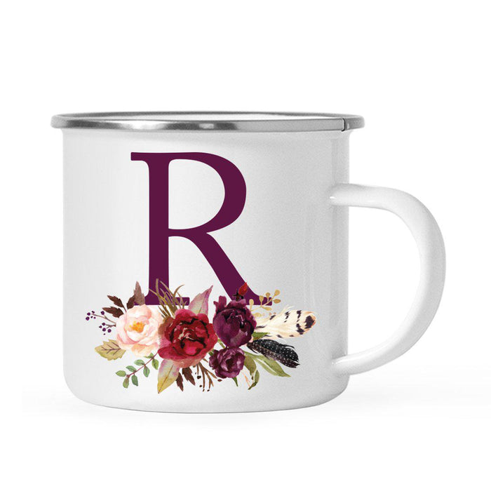 Andaz Press 11oz Bohemian Fall Autumn Burgundy Marsala Floral Flower and Feathers Arrangement Monogram Campfire Coffee Mug-Set of 1-Andaz Press-A-