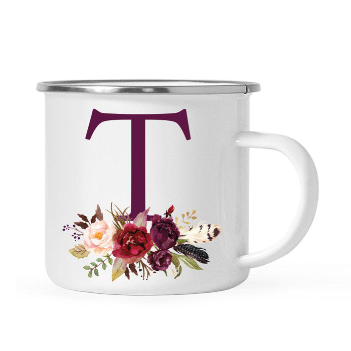 Andaz Press 11oz Bohemian Fall Autumn Burgundy Marsala Floral Flower and Feathers Arrangement Monogram Campfire Coffee Mug-Set of 1-Andaz Press-A-