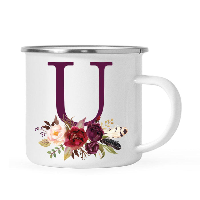 Andaz Press 11oz Bohemian Fall Autumn Burgundy Marsala Floral Flower and Feathers Arrangement Monogram Campfire Coffee Mug-Set of 1-Andaz Press-A-