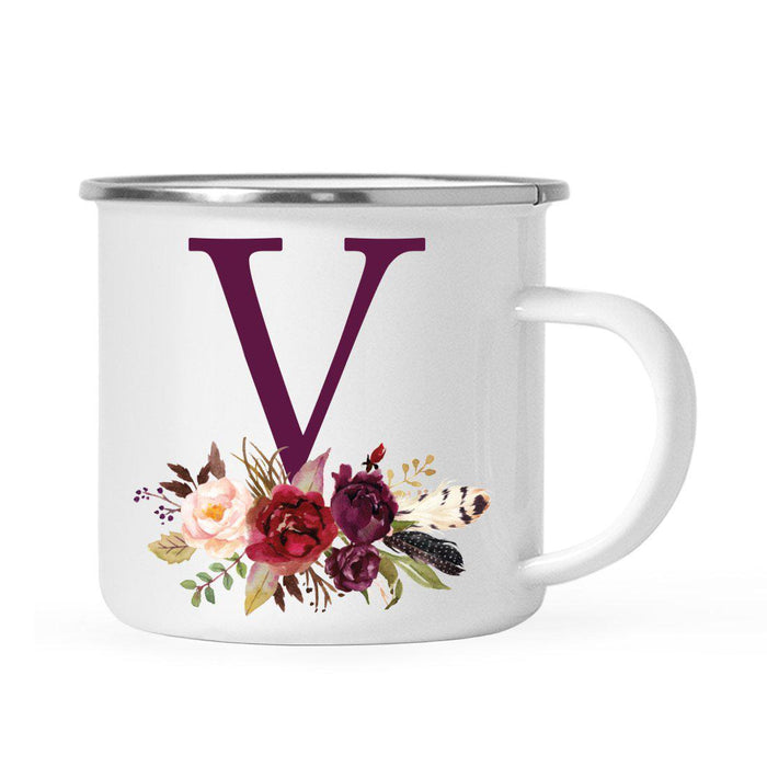 Andaz Press 11oz Bohemian Fall Autumn Burgundy Marsala Floral Flower and Feathers Arrangement Monogram Campfire Coffee Mug-Set of 1-Andaz Press-A-