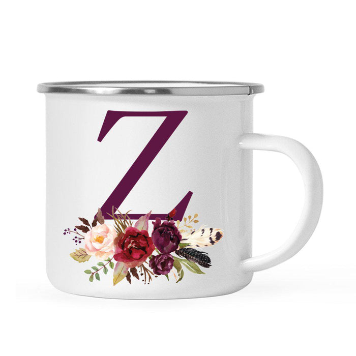 Andaz Press 11oz Bohemian Fall Autumn Burgundy Marsala Floral Flower and Feathers Arrangement Monogram Campfire Coffee Mug-Set of 1-Andaz Press-A-