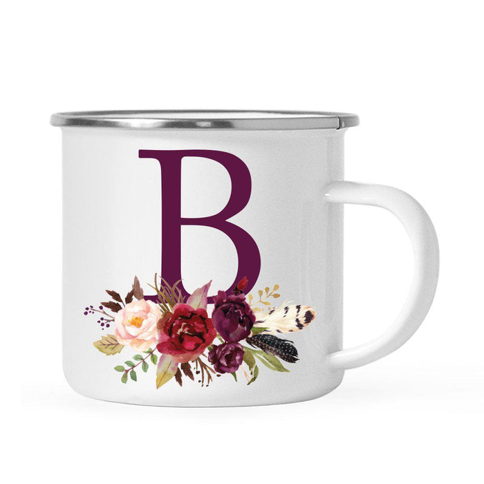 Andaz Press 11oz Bohemian Fall Autumn Burgundy Marsala Floral Flower and Feathers Arrangement Monogram Campfire Coffee Mug-Set of 1-Andaz Press-A-