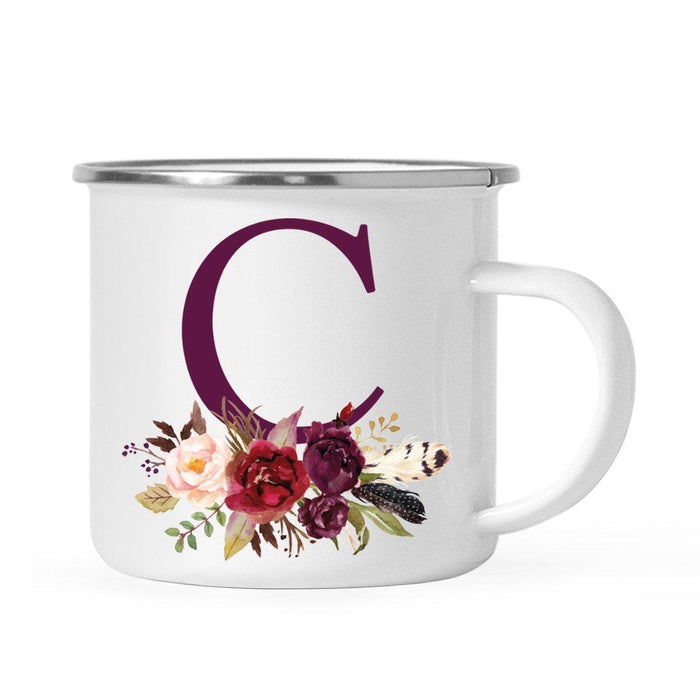 Andaz Press 11oz Bohemian Fall Autumn Burgundy Marsala Floral Flower and Feathers Arrangement Monogram Campfire Coffee Mug-Set of 1-Andaz Press-A-