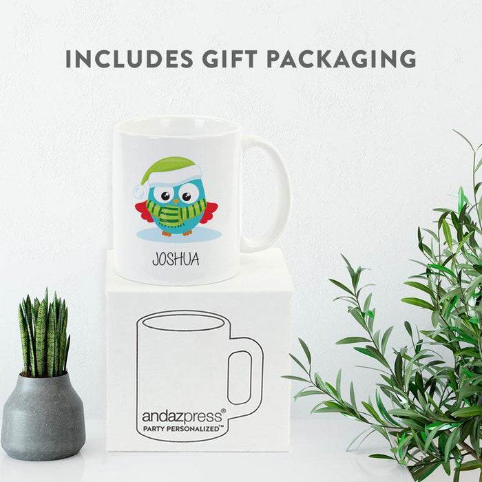 Andaz Press 11oz Personalized Christmas Owl And Gnome Coffee Mug-Set of 1-Andaz Press-Aqua Owl with Green Scarf-