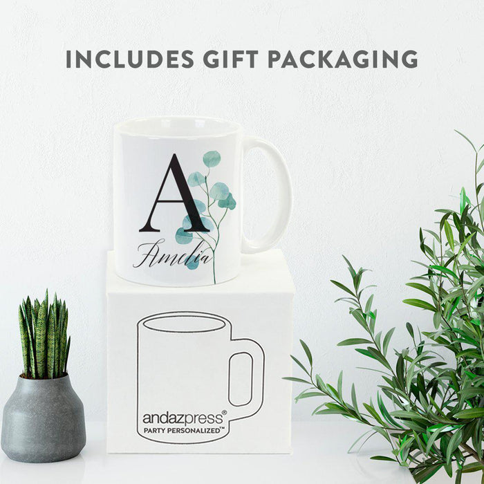 Andaz Press 11oz Personalized Eucalyptus Leaves Greenery Monogram Coffee Mug-Set of 1-Andaz Press-