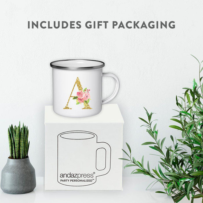 Andaz Press 11oz Pink Roses Faux Gold Glitter Monogram Campfire Coffee Mug-Set of 1-Andaz Press-A-