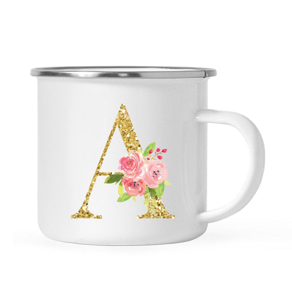 Andaz Press 11oz Pink Roses Faux Gold Glitter Monogram Campfire Coffee Mug-Set of 1-Andaz Press-A-