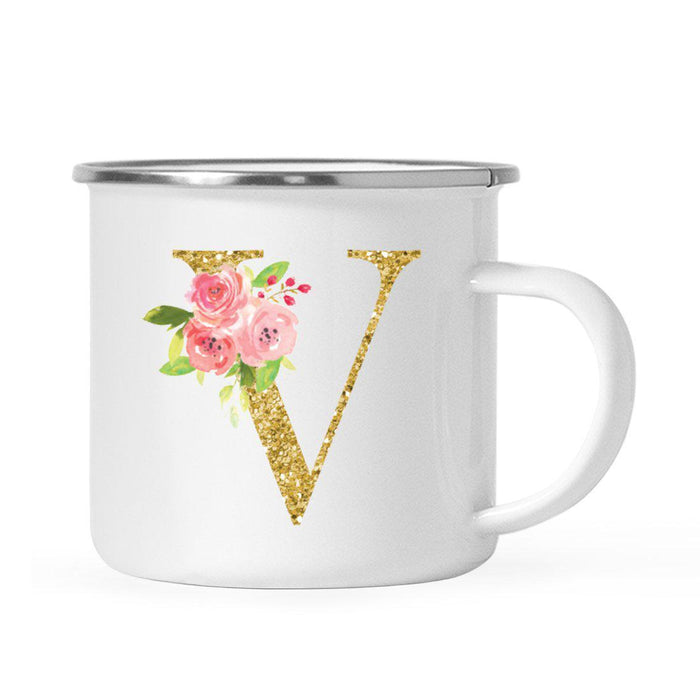 Andaz Press 11oz Pink Roses Faux Gold Glitter Monogram Campfire Coffee Mug-Set of 1-Andaz Press-V-