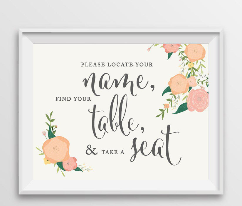 Andaz Press 8.5" x 11" Floral Roses Wedding Party Signs-Set of 1-Andaz Press-Locate Your Name, Find Table, Take Seat-