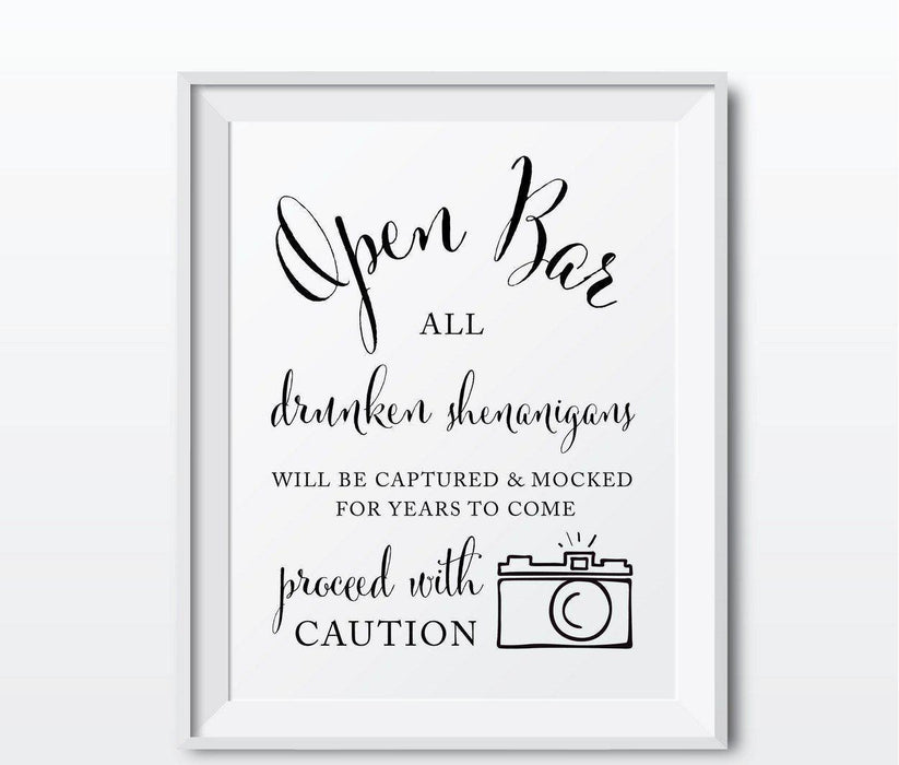 Andaz Press 8.5 x 11-Inch Formal Black & White Wedding Party Signs-Set of 1-Andaz Press-Open Bar Drunken Shenanigans-