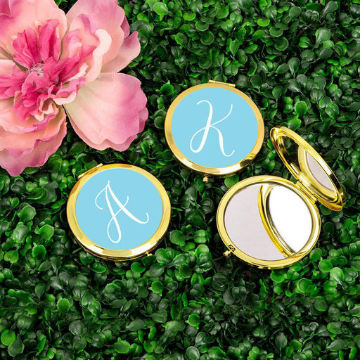 Andaz Press Baby Blue Monogram Gold 2.75 inch Round Compact Mirror-Set of 1-Andaz Press-A-