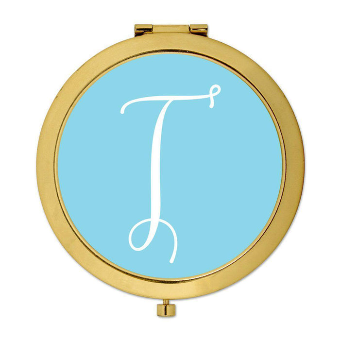 Andaz Press Baby Blue Monogram Gold 2.75 inch Round Compact Mirror-Set of 1-Andaz Press-T-