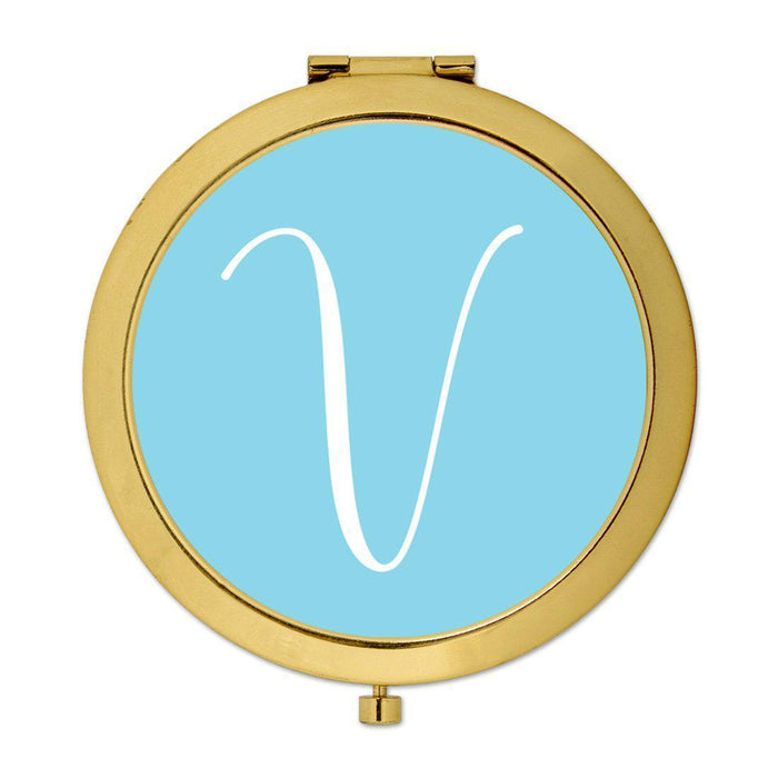 Andaz Press Baby Blue Monogram Gold 2.75 inch Round Compact Mirror-Set of 1-Andaz Press-V-