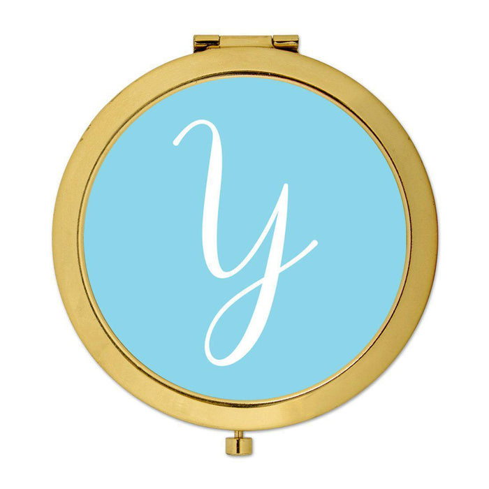Andaz Press Baby Blue Monogram Gold 2.75 inch Round Compact Mirror-Set of 1-Andaz Press-Y-