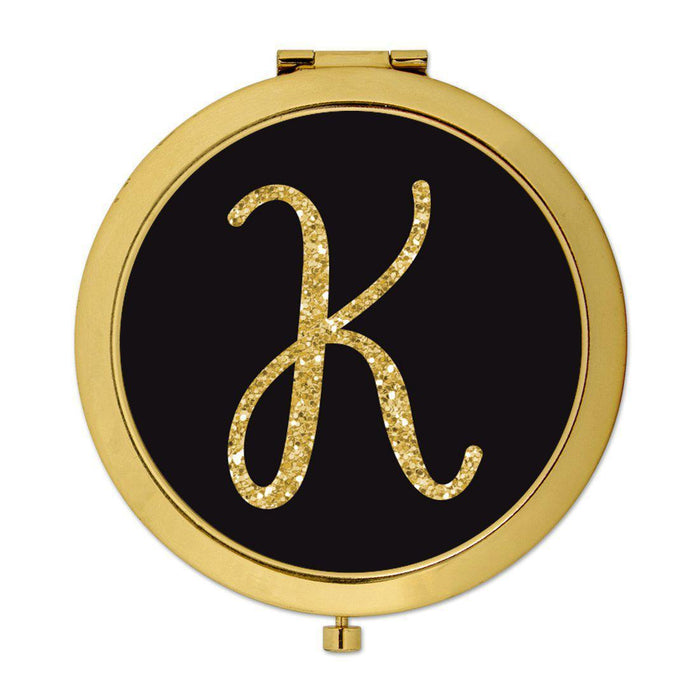 Andaz Press Black with Faux Gold Glitter Monogram Gold 2.75 inch Round Compact Mirror-Set of 1-Andaz Press-A-