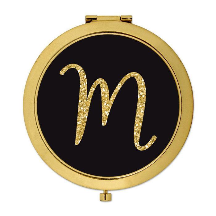 Andaz Press Black with Faux Gold Glitter Monogram Gold 2.75 inch Round Compact Mirror-Set of 1-Andaz Press-A-