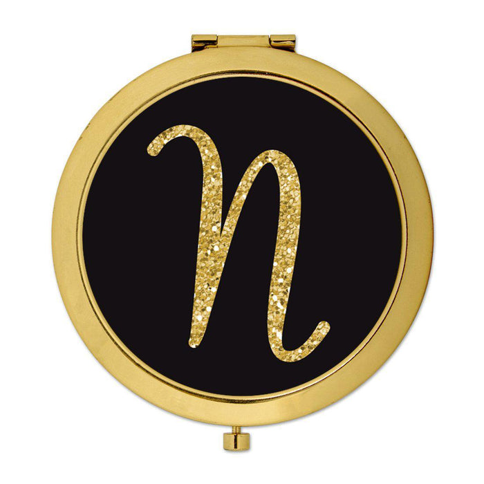 Andaz Press Black with Faux Gold Glitter Monogram Gold 2.75 inch Round Compact Mirror-Set of 1-Andaz Press-A-