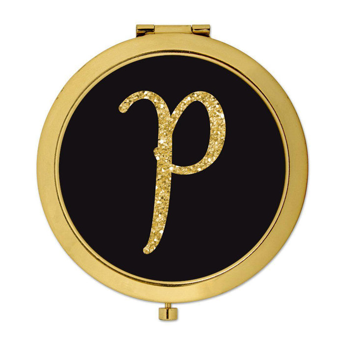 Andaz Press Black with Faux Gold Glitter Monogram Gold 2.75 inch Round Compact Mirror-Set of 1-Andaz Press-A-