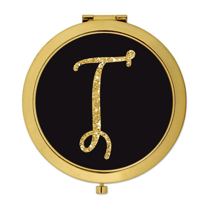 Andaz Press Black with Faux Gold Glitter Monogram Gold 2.75 inch Round Compact Mirror-Set of 1-Andaz Press-A-