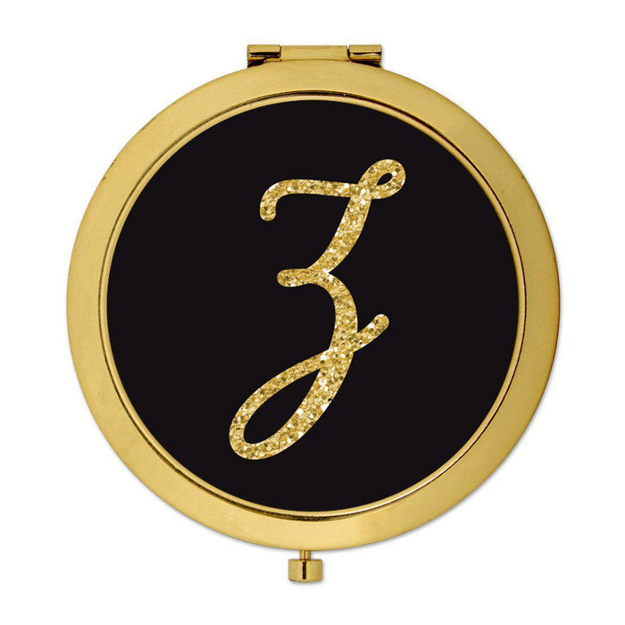 Andaz Press Black with Faux Gold Glitter Monogram Gold 2.75 inch Round Compact Mirror-Set of 1-Andaz Press-A-
