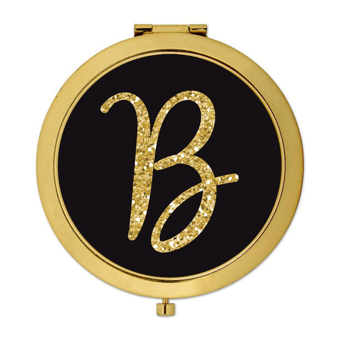 Andaz Press Black with Faux Gold Glitter Monogram Gold 2.75 inch Round Compact Mirror-Set of 1-Andaz Press-A-