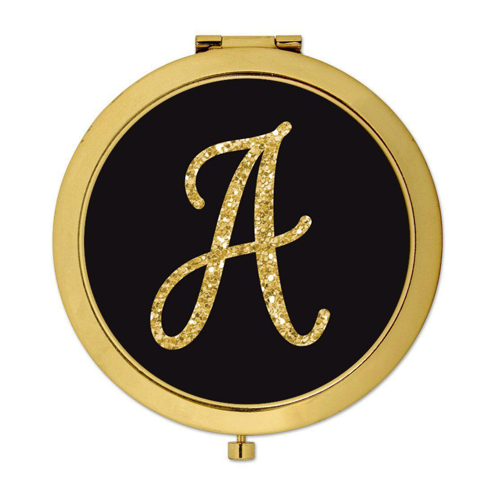Andaz Press Black with Faux Gold Glitter Monogram Gold 2.75 inch Round Compact Mirror-Set of 1-Andaz Press-A-