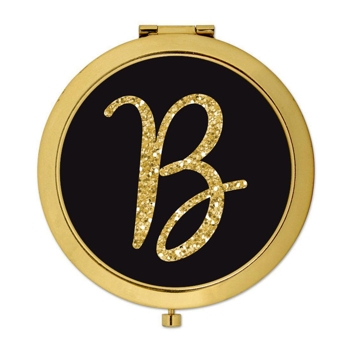 Andaz Press Black with Faux Gold Glitter Monogram Gold 2.75 inch Round Compact Mirror-Set of 1-Andaz Press-B-