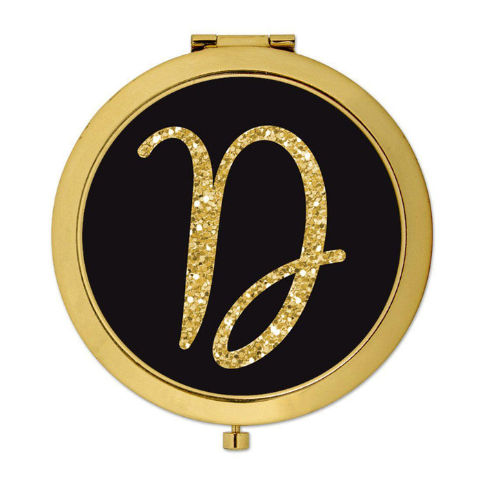 Andaz Press Black with Faux Gold Glitter Monogram Gold 2.75 inch Round Compact Mirror-Set of 1-Andaz Press-D-
