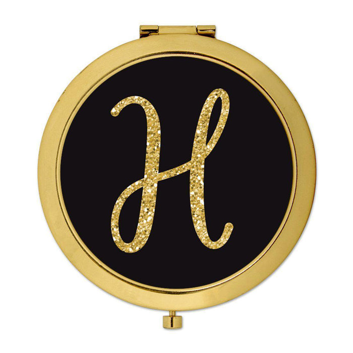 Andaz Press Black with Faux Gold Glitter Monogram Gold 2.75 inch Round Compact Mirror-Set of 1-Andaz Press-H-