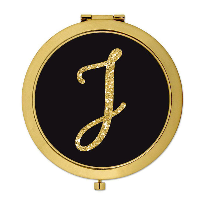 Andaz Press Black with Faux Gold Glitter Monogram Gold 2.75 inch Round Compact Mirror-Set of 1-Andaz Press-J-