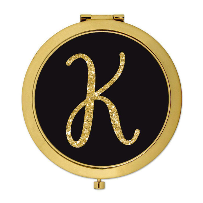 Andaz Press Black with Faux Gold Glitter Monogram Gold 2.75 inch Round Compact Mirror-Set of 1-Andaz Press-K-
