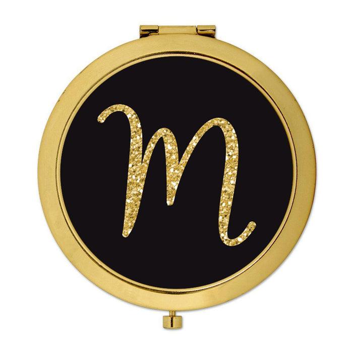 Andaz Press Black with Faux Gold Glitter Monogram Gold 2.75 inch Round Compact Mirror-Set of 1-Andaz Press-M-