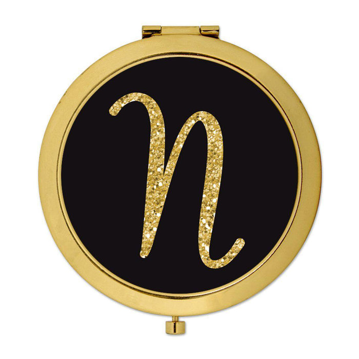 Andaz Press Black with Faux Gold Glitter Monogram Gold 2.75 inch Round Compact Mirror-Set of 1-Andaz Press-N-