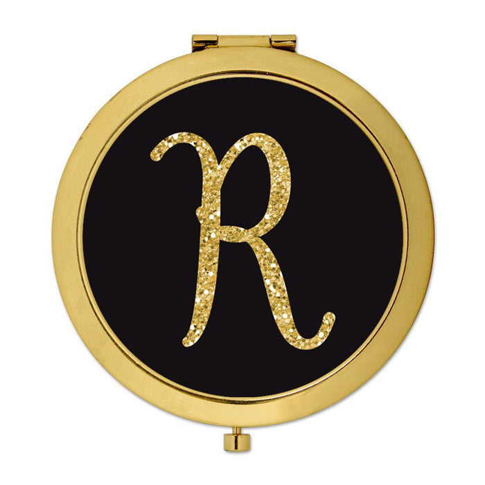 Andaz Press Black with Faux Gold Glitter Monogram Gold 2.75 inch Round Compact Mirror-Set of 1-Andaz Press-R-