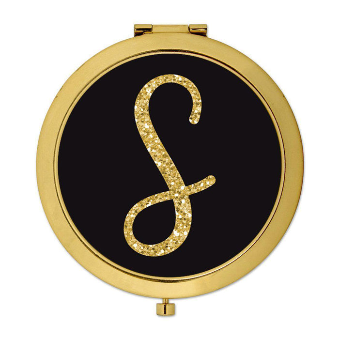 Andaz Press Black with Faux Gold Glitter Monogram Gold 2.75 inch Round Compact Mirror-Set of 1-Andaz Press-S-