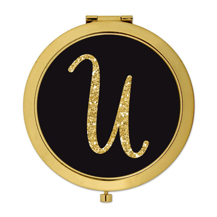 Andaz Press Black with Faux Gold Glitter Monogram Gold 2.75 inch Round Compact Mirror-Set of 1-Andaz Press-U-