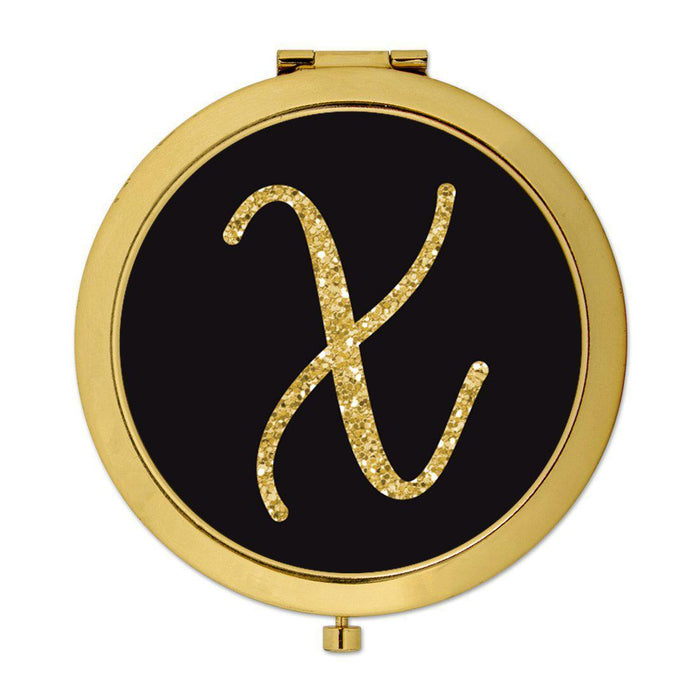 Andaz Press Black with Faux Gold Glitter Monogram Gold 2.75 inch Round Compact Mirror-Set of 1-Andaz Press-X-