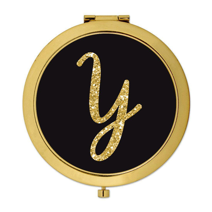 Andaz Press Black with Faux Gold Glitter Monogram Gold 2.75 inch Round Compact Mirror-Set of 1-Andaz Press-Y-