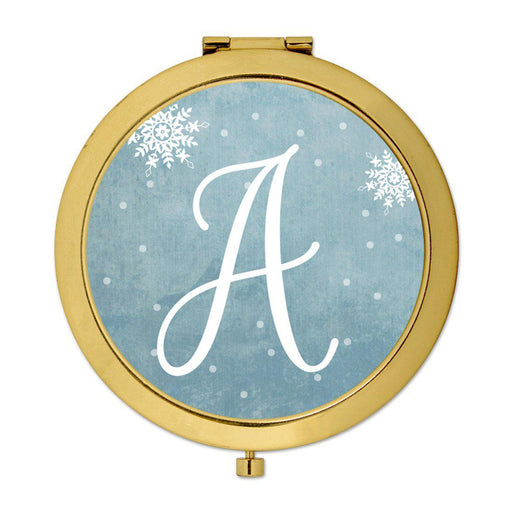 Andaz Press Blue Winter Snowflakes Monogram Gold 2.75 inch Round Compact Mirror-Set of 1-Andaz Press-A-