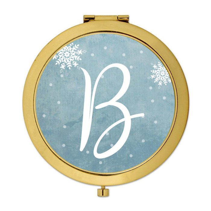 Andaz Press Blue Winter Snowflakes Monogram Gold 2.75 inch Round Compact Mirror-Set of 1-Andaz Press-B-