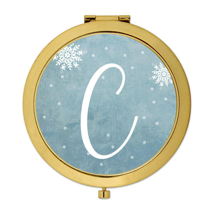 Andaz Press Blue Winter Snowflakes Monogram Gold 2.75 inch Round Compact Mirror-Set of 1-Andaz Press-C-