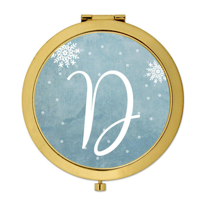 Andaz Press Blue Winter Snowflakes Monogram Gold 2.75 inch Round Compact Mirror-Set of 1-Andaz Press-D-