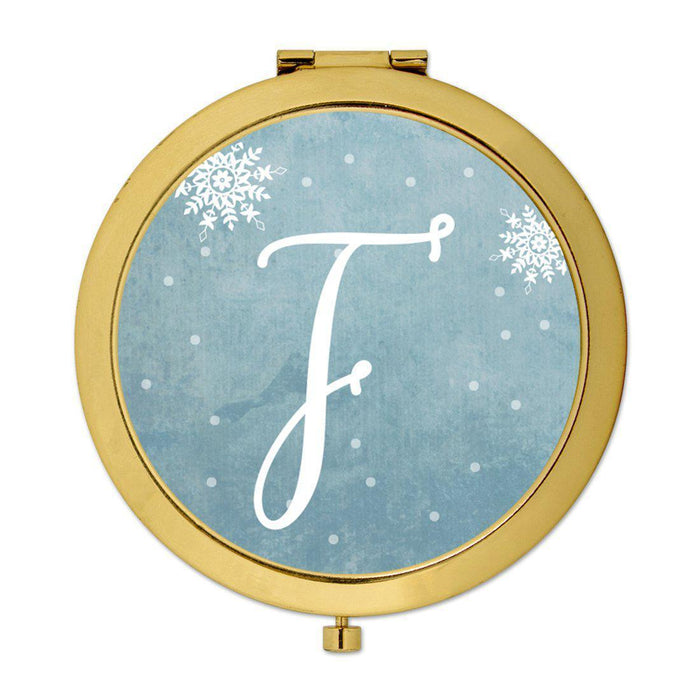 Andaz Press Blue Winter Snowflakes Monogram Gold 2.75 inch Round Compact Mirror-Set of 1-Andaz Press-F-