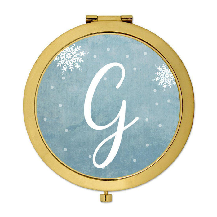 Andaz Press Blue Winter Snowflakes Monogram Gold 2.75 inch Round Compact Mirror-Set of 1-Andaz Press-G-