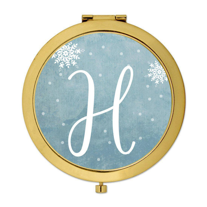Andaz Press Blue Winter Snowflakes Monogram Gold 2.75 inch Round Compact Mirror-Set of 1-Andaz Press-H-