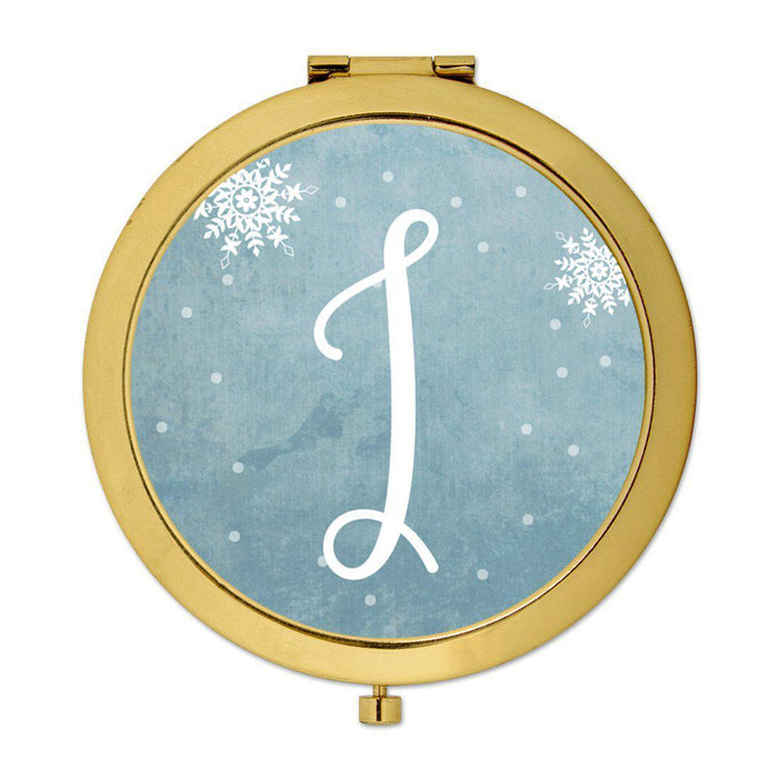 Andaz Press Blue Winter Snowflakes Monogram Gold 2.75 inch Round Compact Mirror-Set of 1-Andaz Press-I-