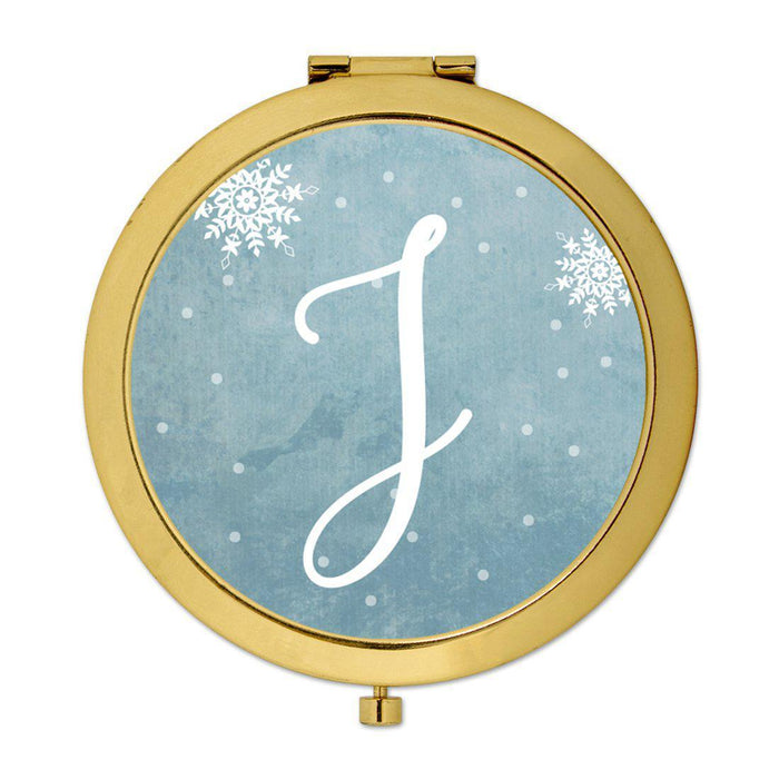 Andaz Press Blue Winter Snowflakes Monogram Gold 2.75 inch Round Compact Mirror-Set of 1-Andaz Press-J-